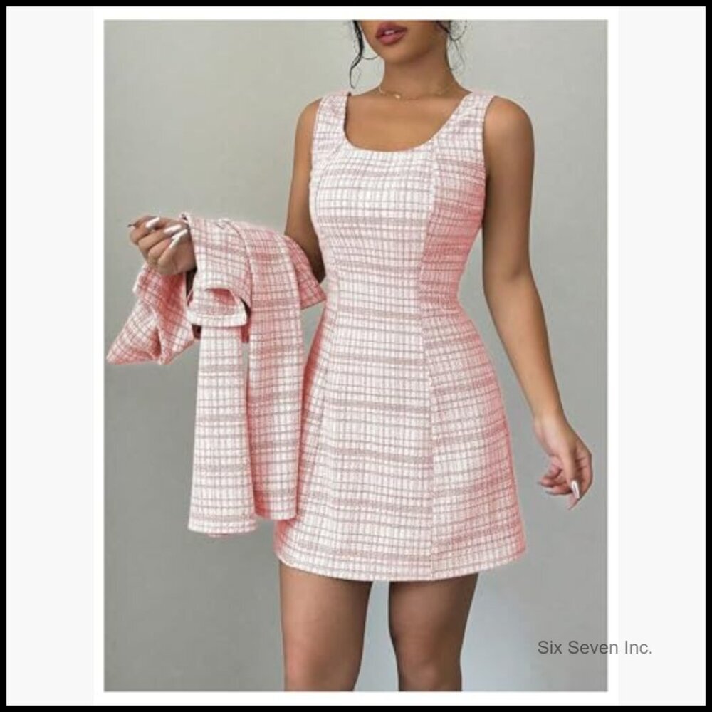 Polyester Plaid 2-Piece Set Cropped Jacket and Mini Dress - Picture 3 of 5